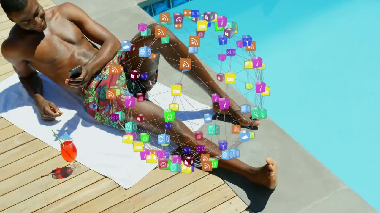 Ícones de interface de redes sociais formando um globo com fundo de homem usando smartphone enquanto toma sol
