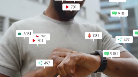 Animation-of-social-media-icons-falling-over-mid-section-of-a-man-using-smartwatch-outdoors