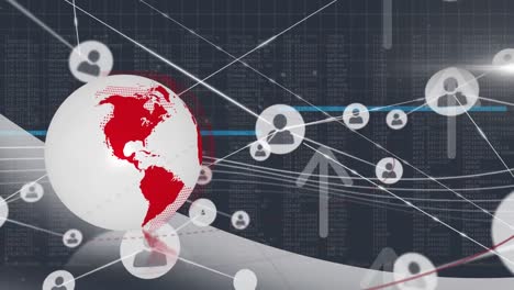 Animation-Von-Globus,-Blendenfleck,-Aufwärtspfeilen-Und-Verbundenen-Profilsymbolen-Auf-Abstraktem-Hintergrund