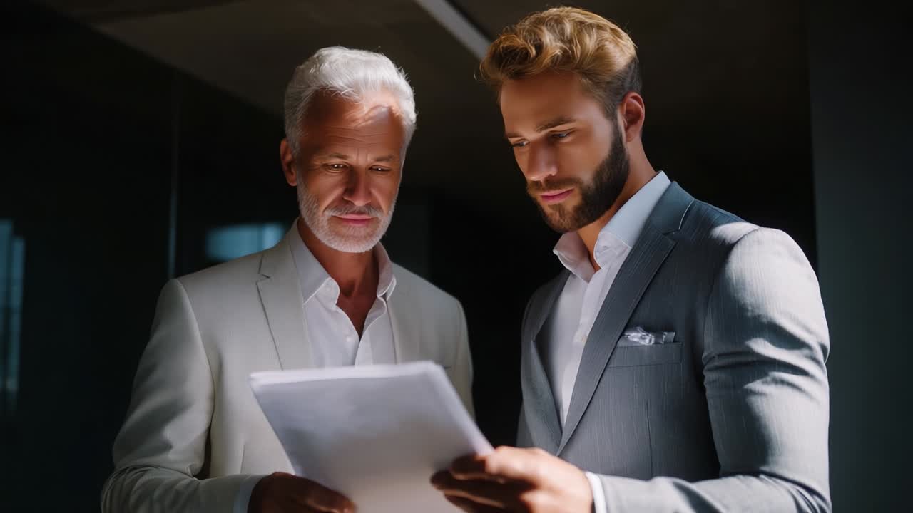 En dynamisk duo fordybet i en fokuseret diskussion, hvor de undersøger vigtige dokumenter i naturligt lys, klar og konkurrencedygtig i deres professionelle påklædning, der viser samarbejde og seriøs overvejelse af vigtige indsigter.