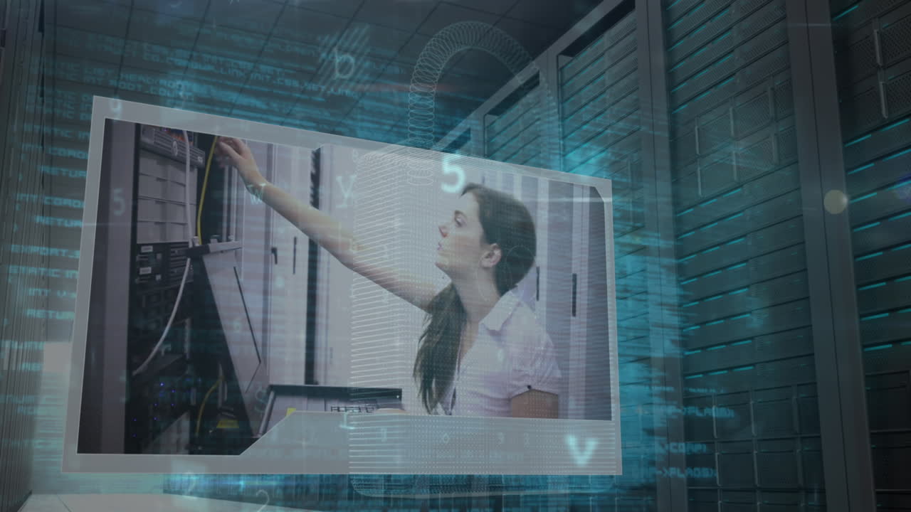 Animation of cyber attack warning over caucasian woman in server room