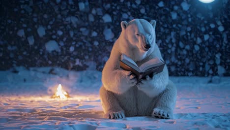 polar bear reading by the fire at night