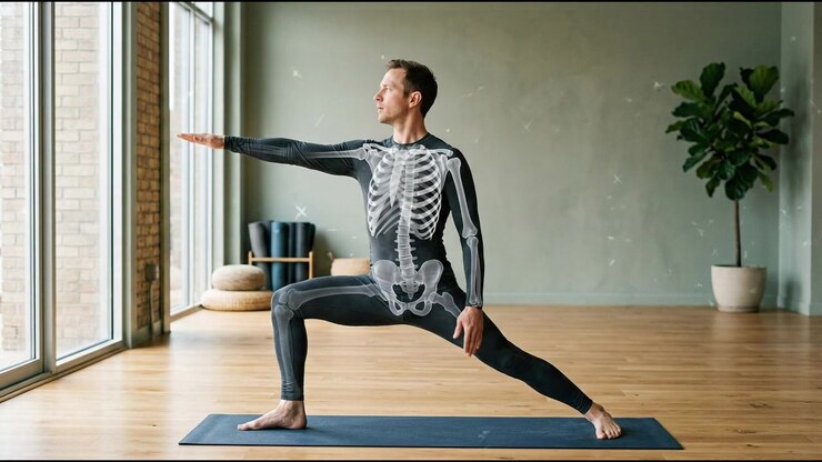 Male athlete holding a balanced yoga pose inside a bright room during a natural daily activity indoors