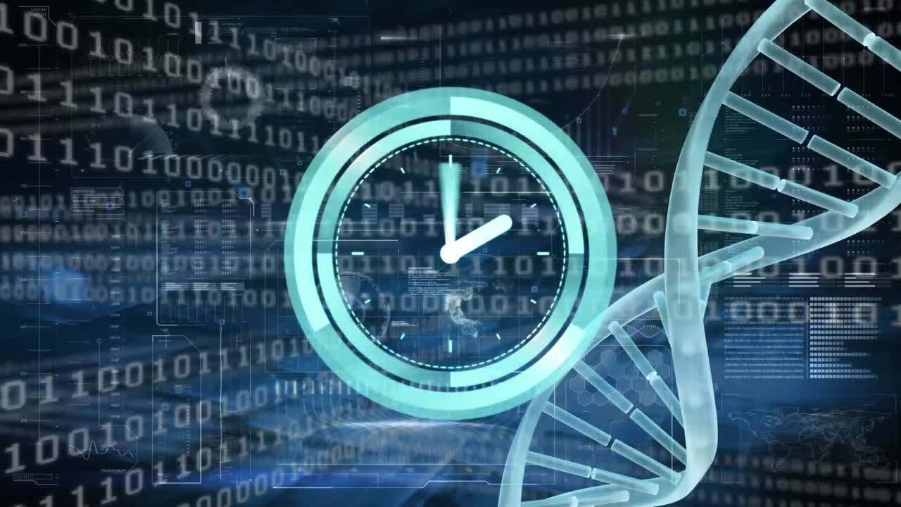 Animazione di orologio con elica di DNA su codici binari in loop su interfaccia HUD nello sfondo