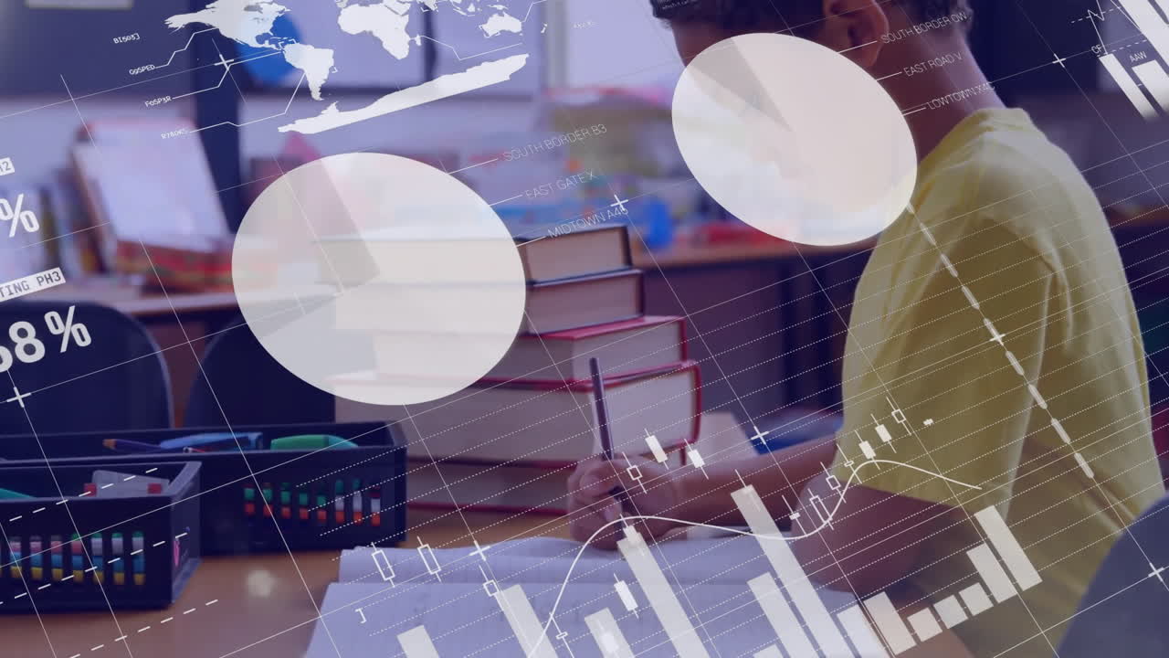 animación de una interfaz infográfica sobre un niño biracial escribiendo en la biblioteca de la escuela