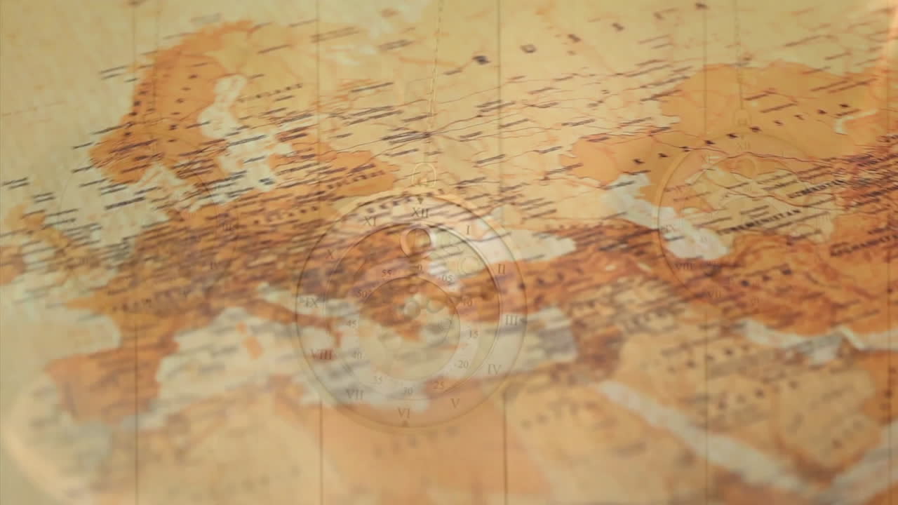 Exploration theme with compass overlay on antique map for navigation animation