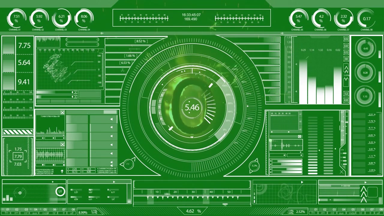 The technology interface has dials and graphs that move on an invisible screen
