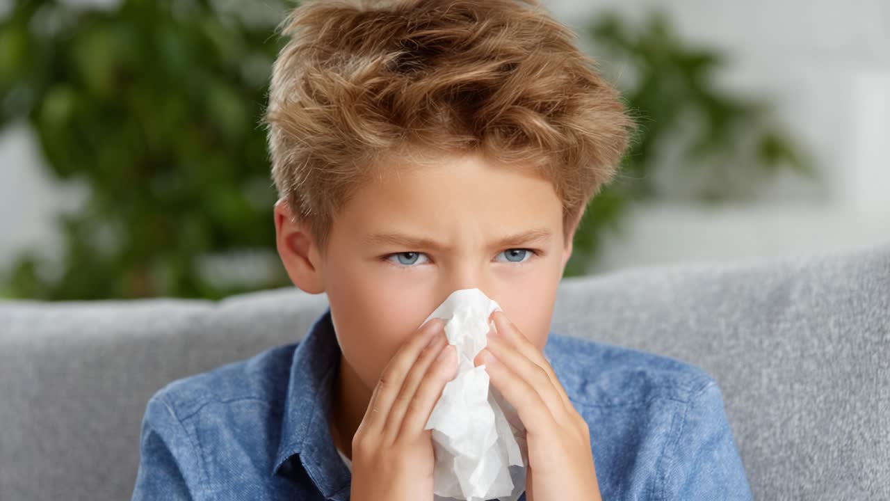 A Young Boy Struggling with Allergies or a Cold, Holding a Tissue to His Nose While Sitting on a Couch Surrounded by Greenery, Portraying Discomfort and Concern