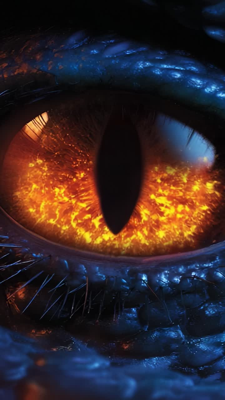 Captivating Close-up of a Dragon's Eye with Fiery Orange and Yellow Hues, Highlighting the Intricate Textures and Mysterious Depth Behind Its Gaze