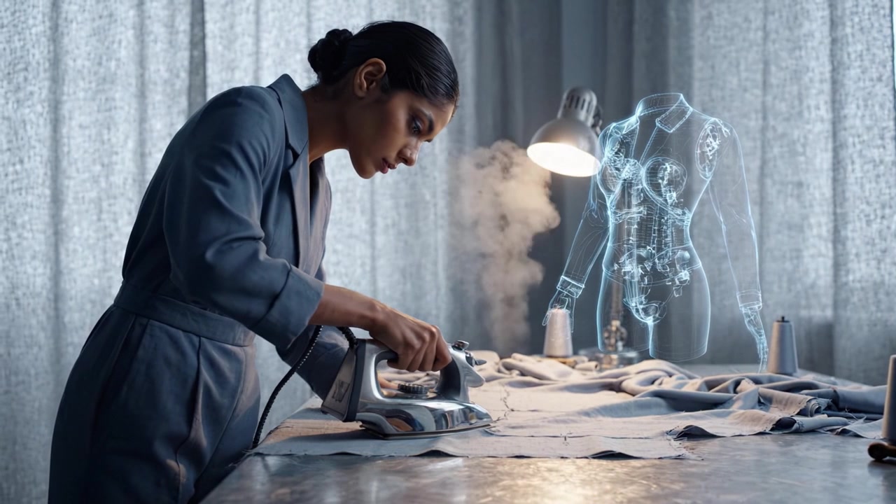 Innovative Fashion Design: A Seamstress Using Modern Technology to Seamlessly Iron Fabric While an Augmented Reality Dress Form Visualizes Patterns