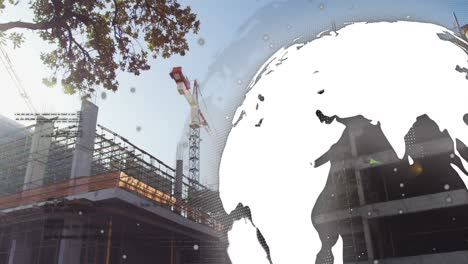 animation of globe spinning with connections over construction site