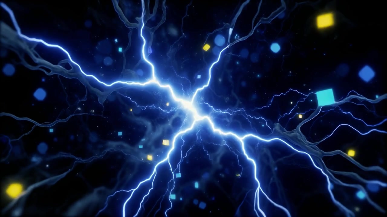 Abstract Animation of Glowing Electric Lightning and Floating Particles