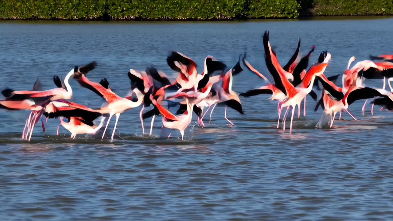 Flock of Flamingos in Flight
