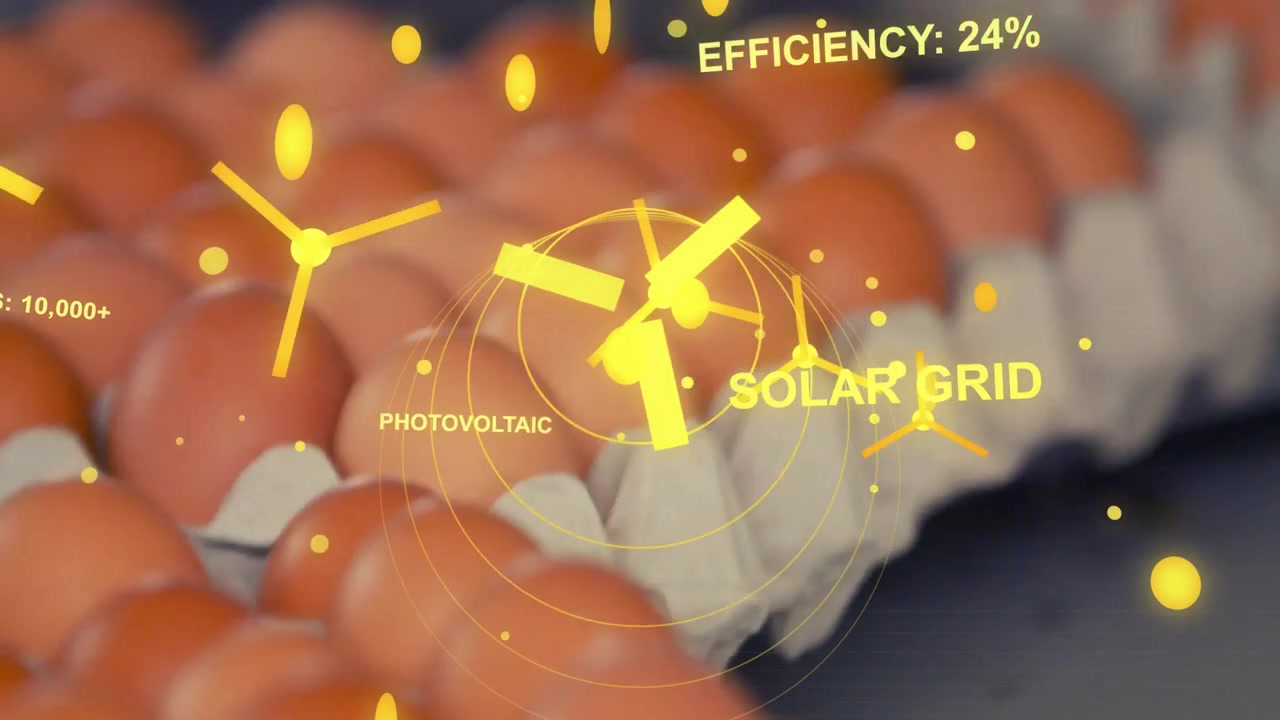 Scanner che scorre su vassoi di uova, HUD che mostra l'efficienza della turbina solare al 24% per la mappatura energetica.