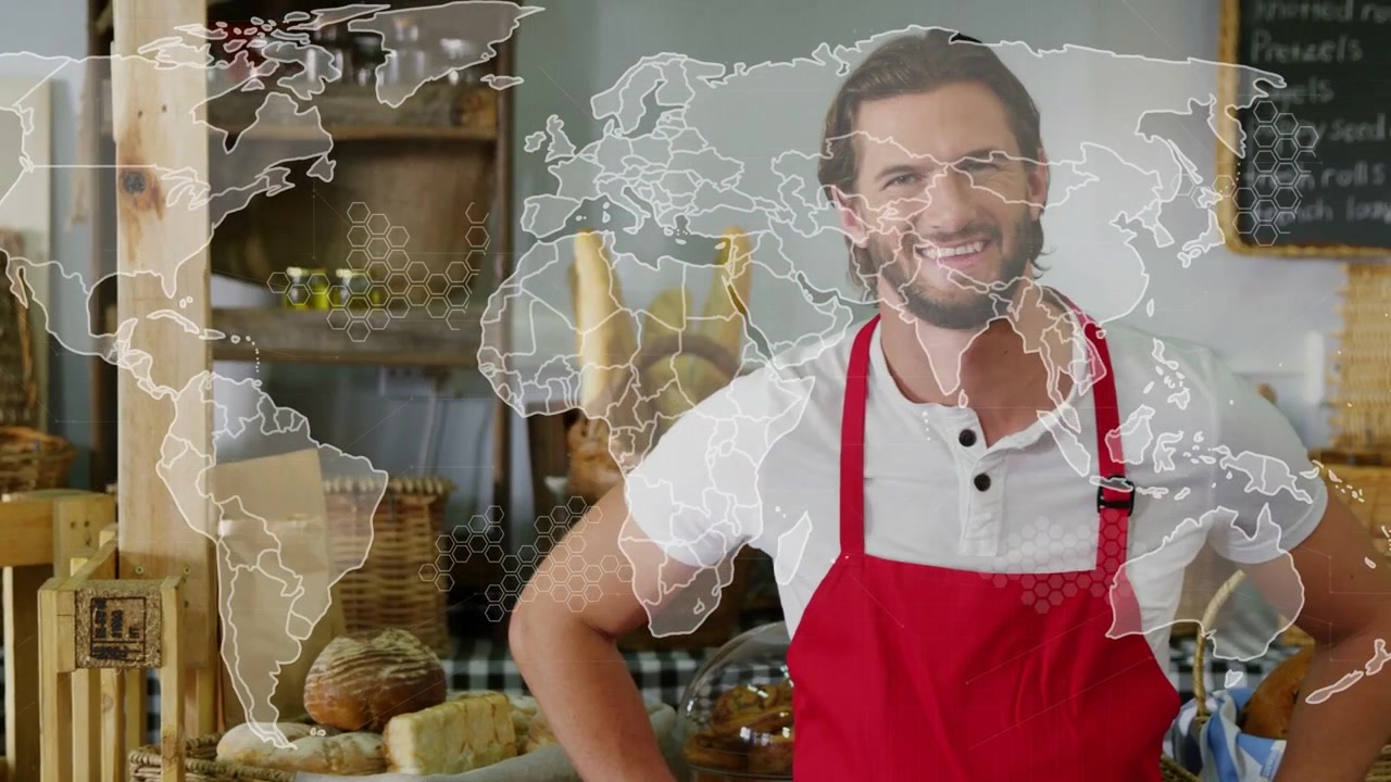 Superposición de mapa apareciendo, panadero avanzando posando con panes y cestas, conectando la panadería a nivel mundial