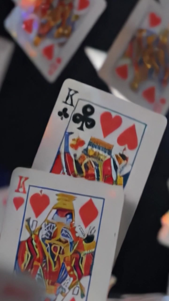 Uno spettacolo accattivante di carte da gioco che cadono in colori vivaci su uno sfondo scuro, che mostra diversi semi e motivi con un tocco di magia.