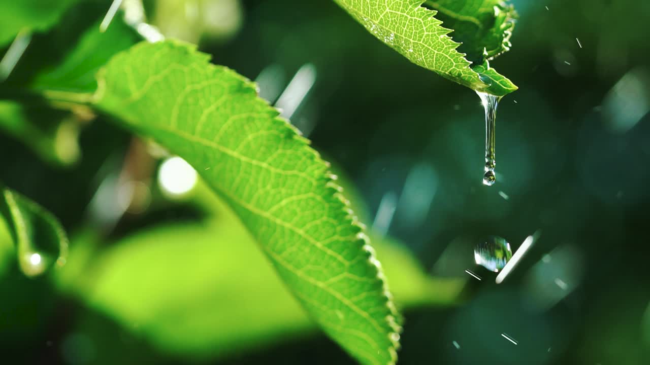 Water drops cascade from green leaves during heavy rain. Rain water drops falling over green grass. Slow motion