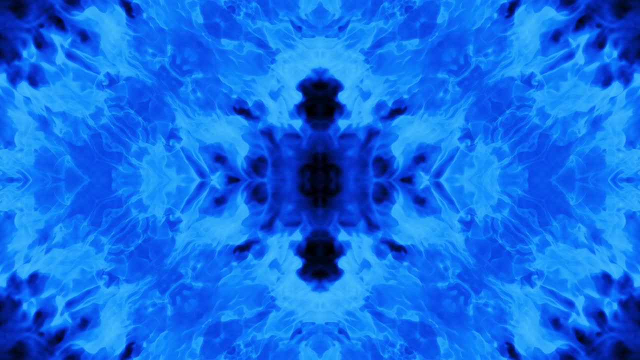 fuego con llamas azules sobre un fondo negro. llama de fuego ardiente. flujo de fuego abstracto es caleidoscopio. budismo flor de mandala, kaleido. azul ardiente brillante. fuego fuerte. campos ardientes. bucle 4k