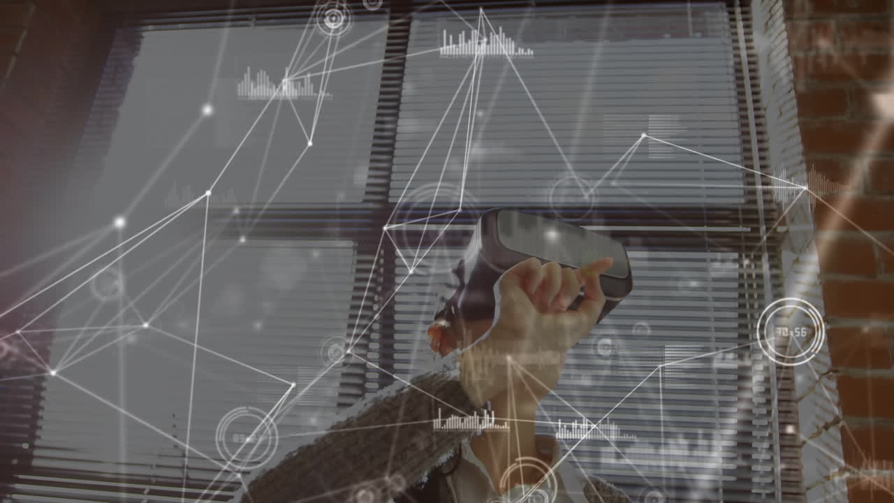 vr 헤드 ⁇ 을 착용한 여성에 대한 연결 네트워크의 애니메이션