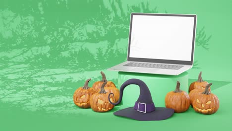 Fondo-De-Campaña-De-Vacaciones-De-Halloween-Con-Calabazas-Y-Computadora-De-Pantalla-En-Blanco