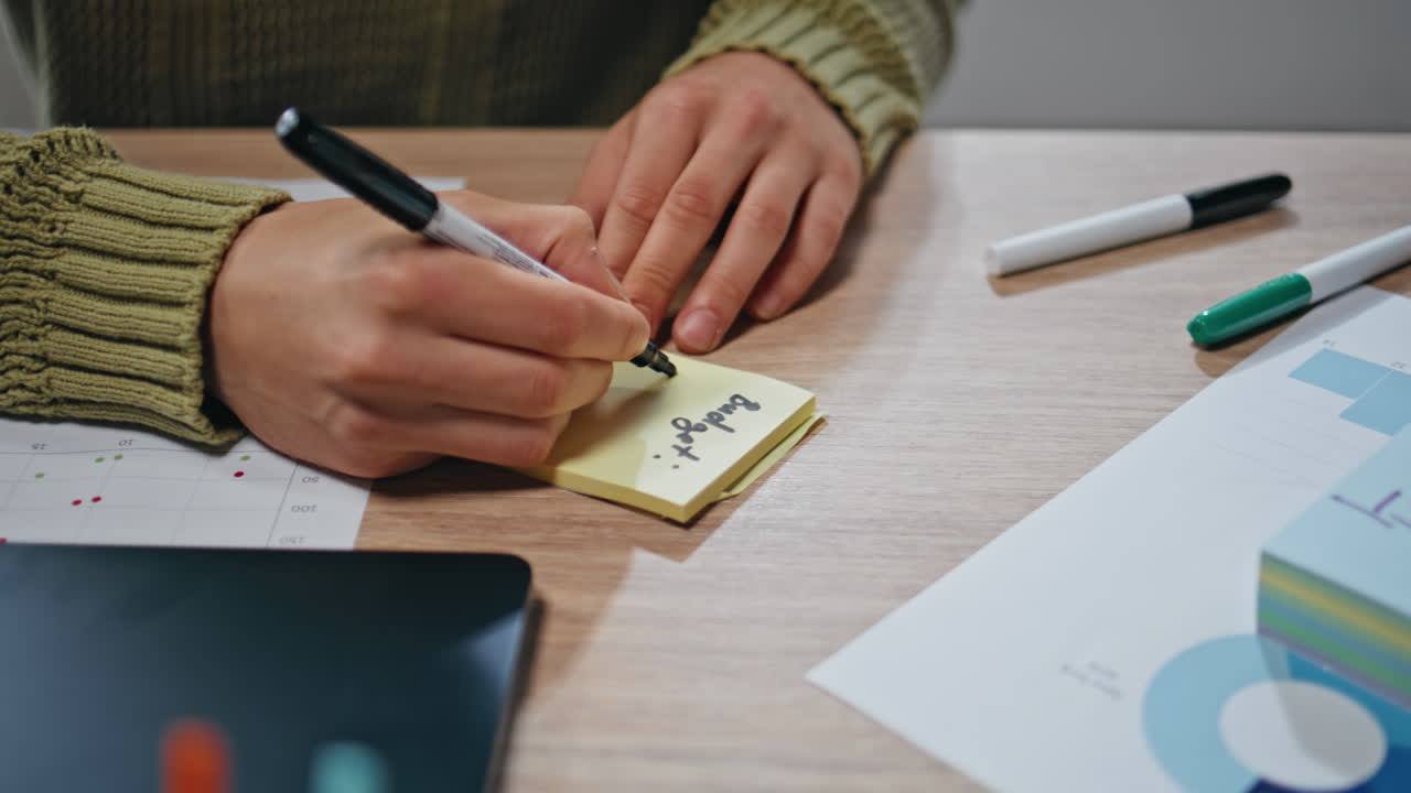 Worker hands writing sticker notes desk workplace closeup. Businessman working
