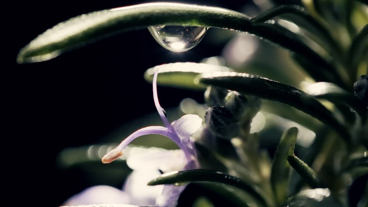Cinematic shot of a rosemary plant with a water droplet falling in super slow motion onto one of its purple flowers. The frame shows the plant with soft cinematic lighting and shallow depth of field.