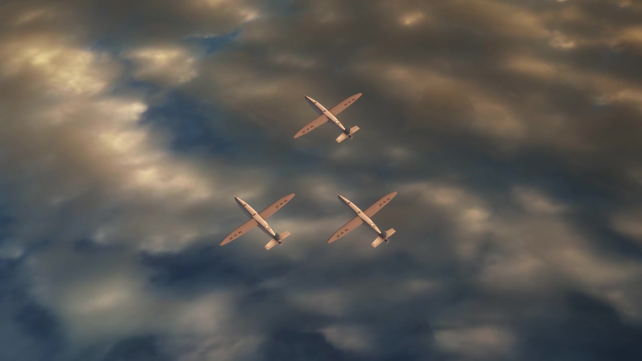 Telecamera che si avvicina a un trio di droni ad ala fissa Hornet Kamikaze assistiti da IA che volano in alto sopra le nuvole diretti verso il bersaglio. UAV Veicolo Aereo Senza Pilota. Tecnologia Moderna. Render 3D.