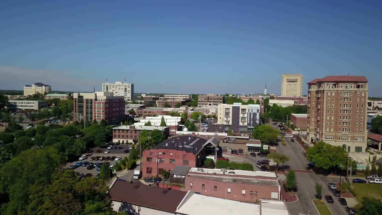 Aerial push into Spartanburg South Carolina Skyline
