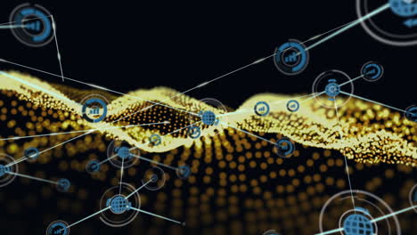 animation of network of connections with digital icons over yellow mesh