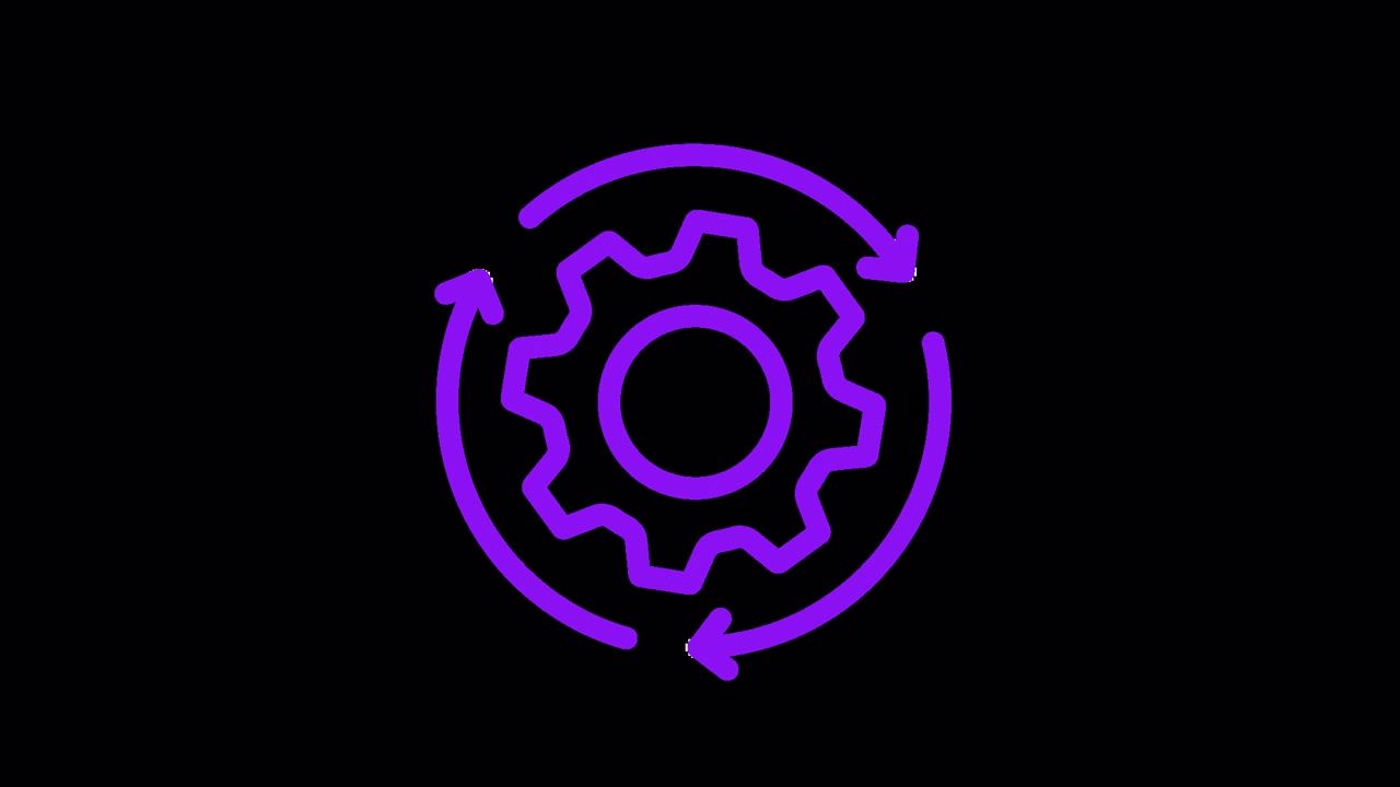 Purple Gear Icon Rotating with Circular Arrows on Black Background