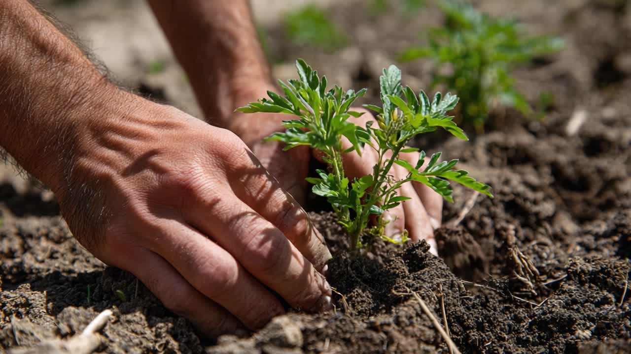 Un primo piano di mani che piantano una giovane piantina di rucola in terreno fertile, enfatizzando la connessione tra natura e abilità di giardinaggio per una crescita sostenibile.