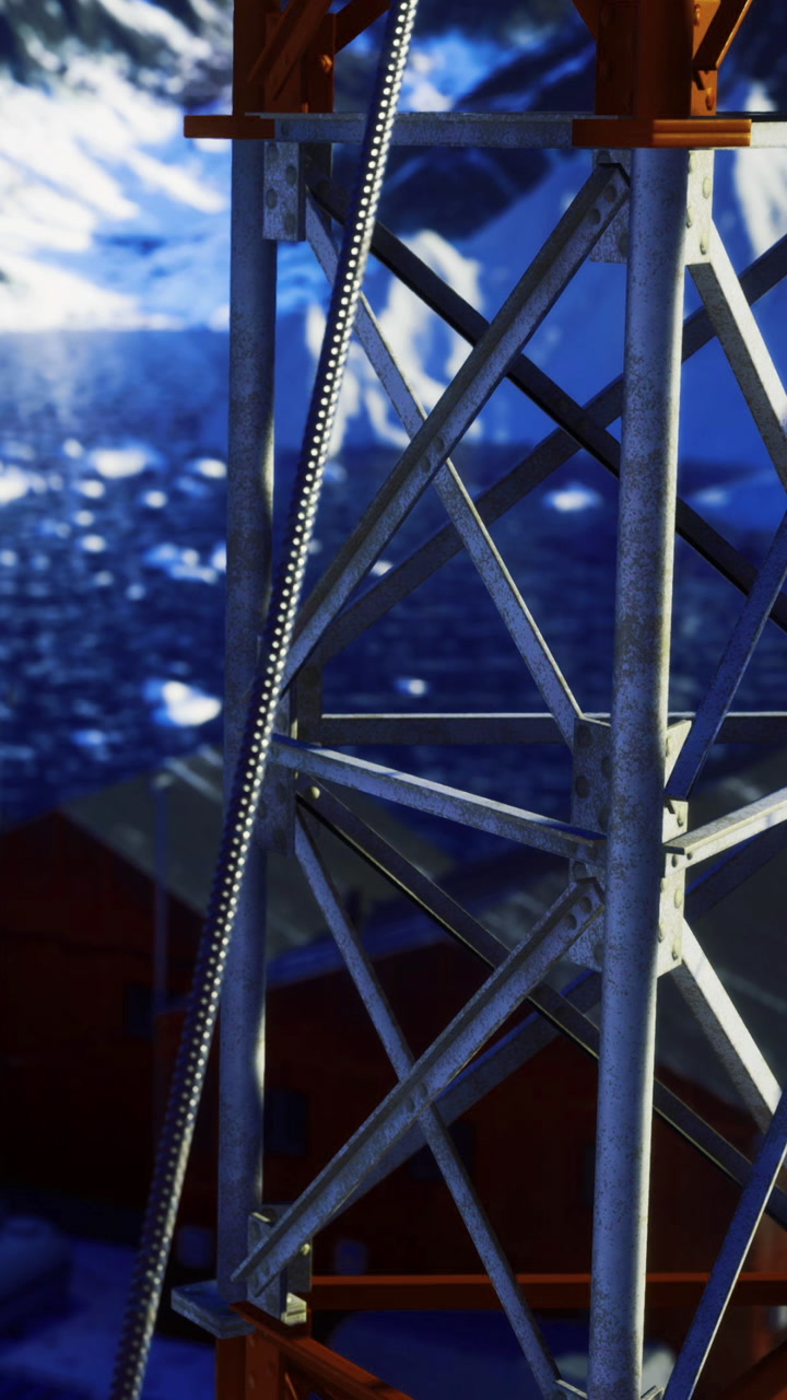 Construction structure near water in a snowy landscape at sunset