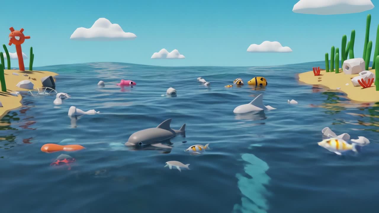 Una scena sottomarina che mostra una vasta gamma di vita marina ed elementi ambientali, evidenziando l'importanza della conservazione e protezione degli oceani.