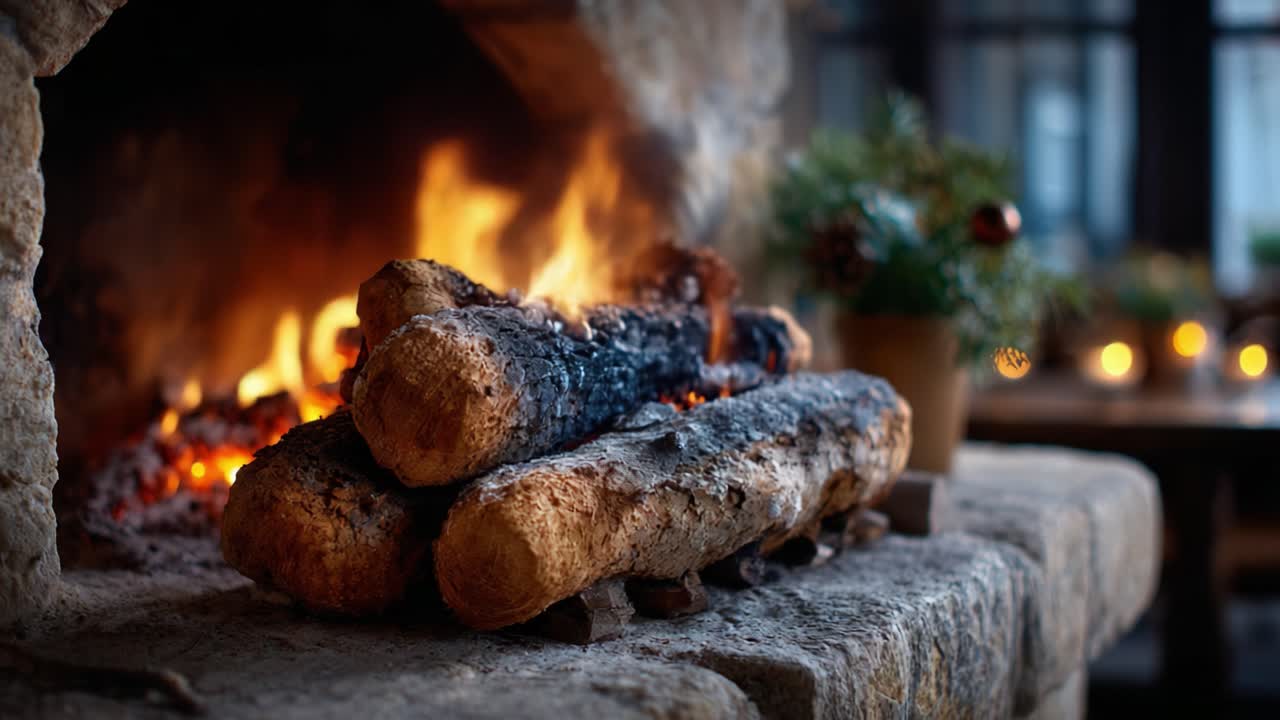 A Cozy and Inviting Fireplace Scene with Cracked Logs and Dancing Flames Igniting Warmth and Comfort in a Rustic Setting