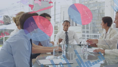 animation of financial data processing over diverse business people
