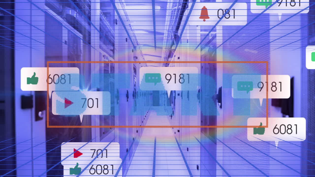 animación del texto de inicio, iconos de las redes sociales y procesamiento de datos a través de servidores informáticos