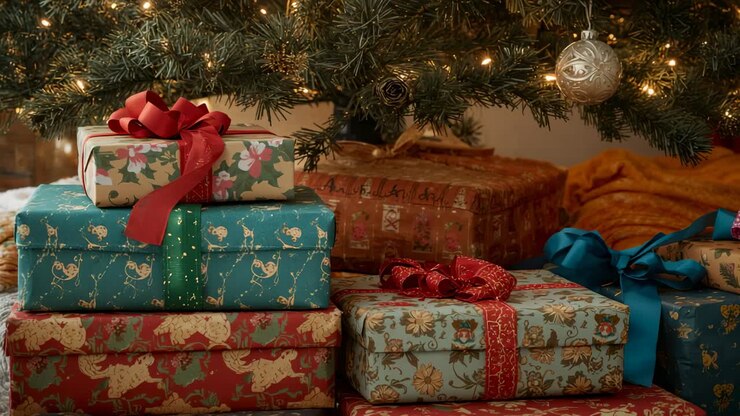 At home camera zooming in on stacked gift boxes under branch lights, revealing ribbons