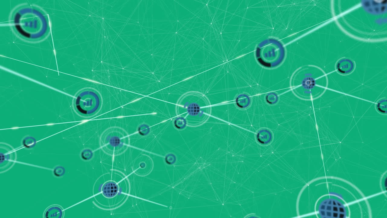 animación de la red de conexiones con iconos sobre fondo verde