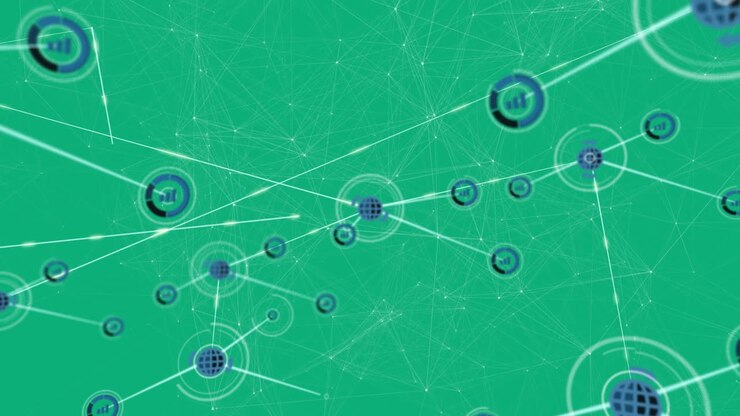 Animation of network of connections with icons over green background