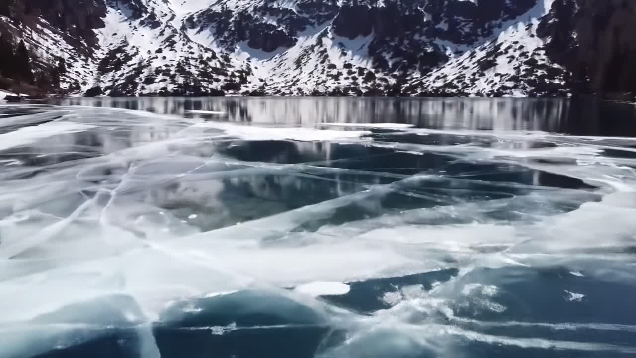 Stunning Glacial Lake Surrounded by Majestic Mountains: A View of Ethereal Ice Patterns and Crystal-Clear Water Reflecting Scenic Peaks in Winter