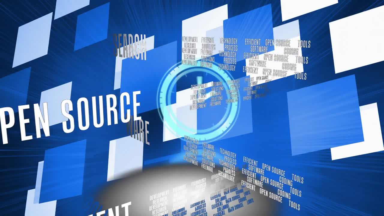 블랙 배경에 파란색 모양 위에 움직이는 시계와 데이터 처리의 애니메이션