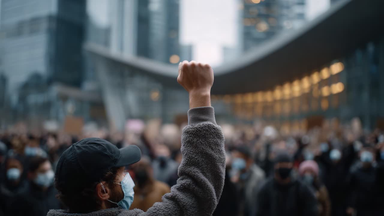 A Powerful Demonstration of Unity and Resilience with Raised Fists in a Crowded Urban Setting, Capturing the Spirit of Collective Action and Protest