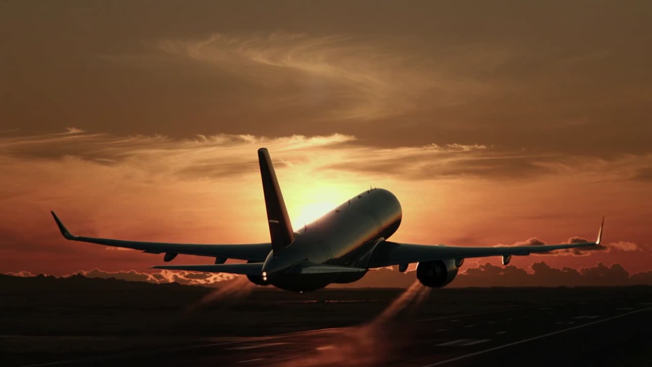 Aereo di linea bimotore in rotazione che decolla dalla pista al tramonto dopo l'avanzamento della manetta, con il sole che si riflette sotto.