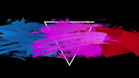 Animation-of-strokes-of-pink,-blue-of-red-paint-with-white-triangle-outline