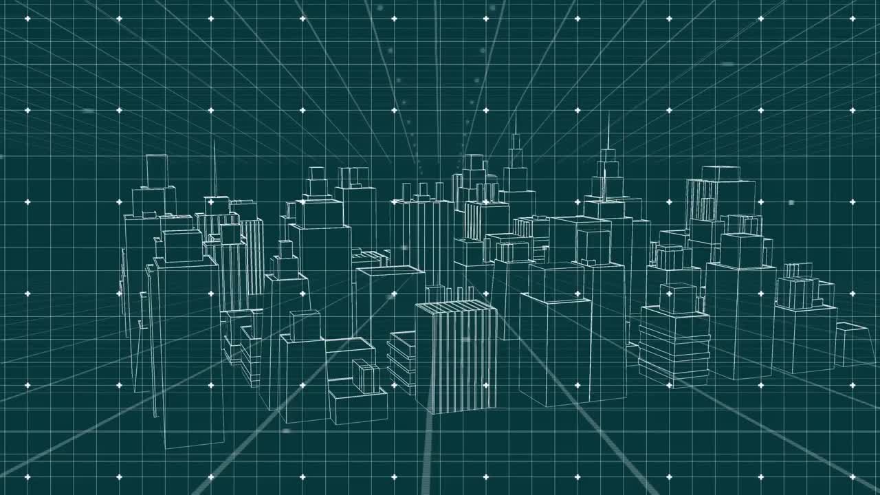 3d 아키텍처 도시 그림의 애니메이션이 그리드 위에 회전합니다.