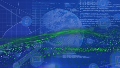 animation of green mesh and data processing over blue globe and blue squared background