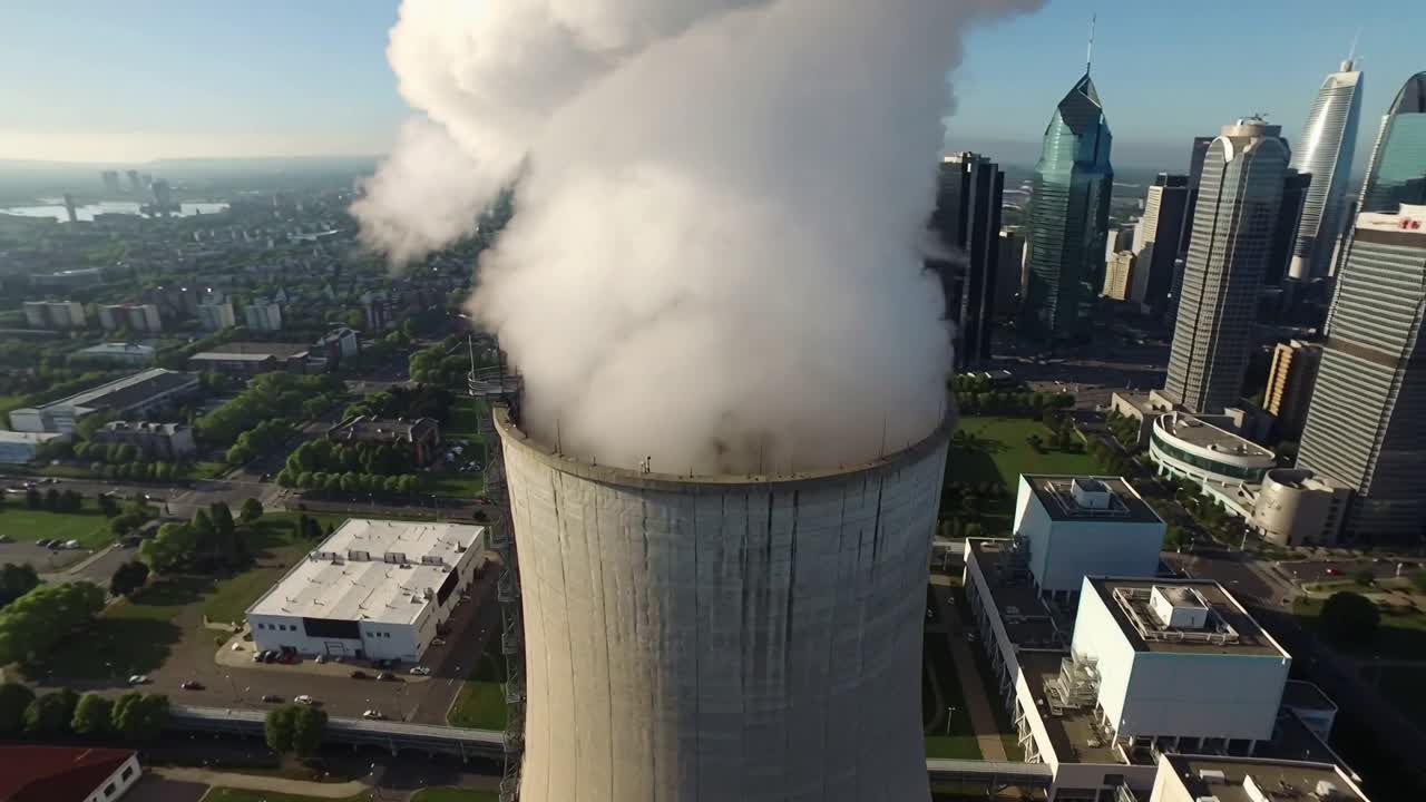 Drone in ascesa che mostra una torre di raffreddamento che emette vapore denso per il raffreddamento del sito, con scala e torri cittadine.