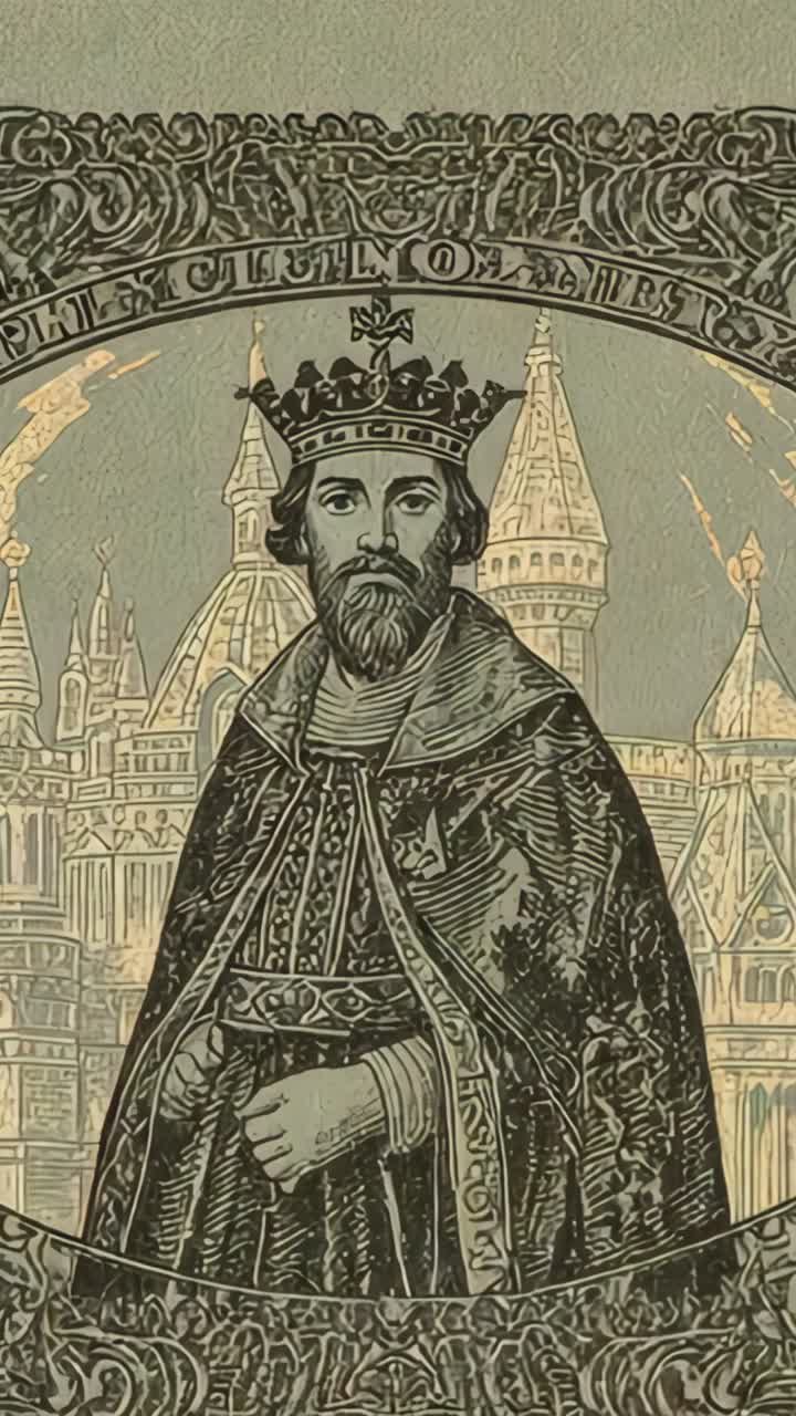 Vertical video: Zooming medieval king fading border and showing crown and robe within castle scene