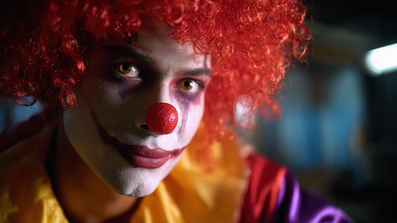 Et nærmere kig på en farverig klovn med markant rødt hår og makeup, der fanger essensen af glæde og mystik i en farverig forestillingsatmosfære