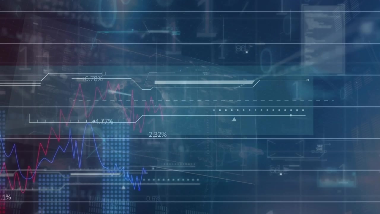 Animazione di statistiche ed elaborazione di dati digitali su sfondo scuro.